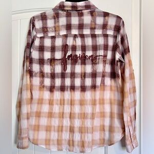 Upcycled Pink Rose Multicolor Plaid Shirt with Hand Psinted “Forgiven” Script